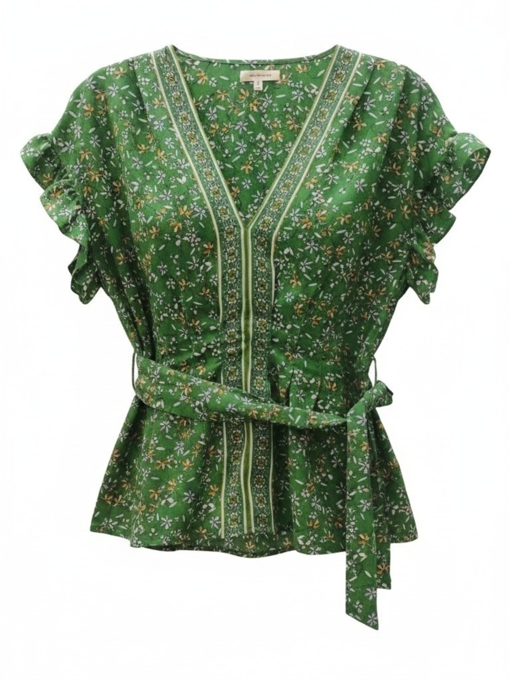Max Studio Green Floral V-Neck Tie-Waist Blouse SZ M